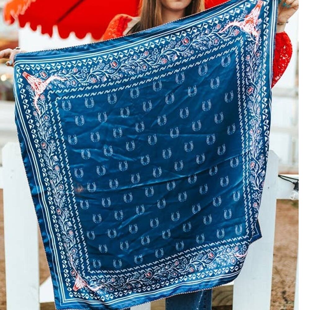 Blue Horseshoe Double-Sided Wild Rag — Classic Western Scarf